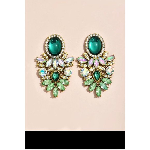 Big green earrings large Green stud Ab gold studs rhinestone crystal sparkling - Picture 3 of 3